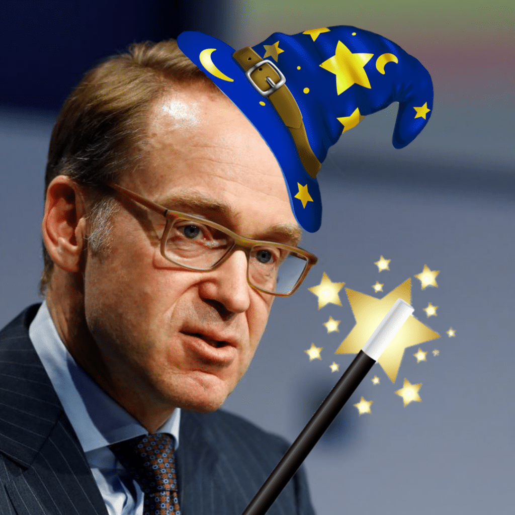 Bundesbank-Präsident Jens Weidmann mit einem Zauberer-Hut und einem Zauberstab